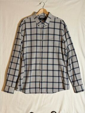 Nordstrom XL Trim Fit Stretch Flannel Gray Blue Plaid Shirt